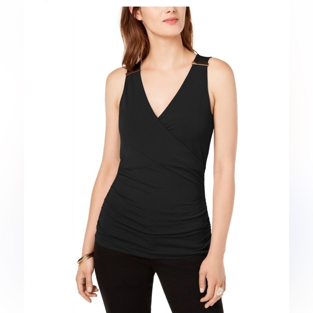 INC International Concepts Black hardware tank / sleeveless Top faux wrap LP